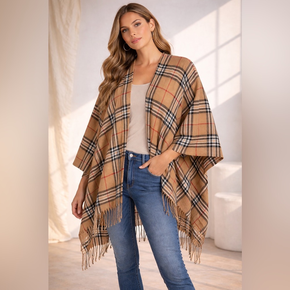 Lagenlook Plaid Wrap Poncho Shawl Fringe Preppy Festival Burberry Plaid Ruana OS